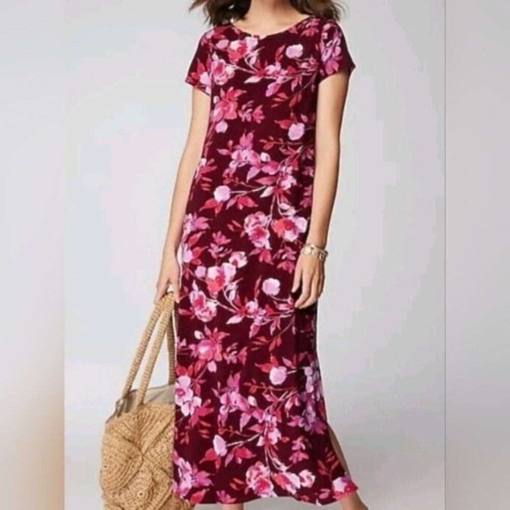 J Jill Magenta Floral Cotton Modal Maxi Dress Tassel Tie Size Small
